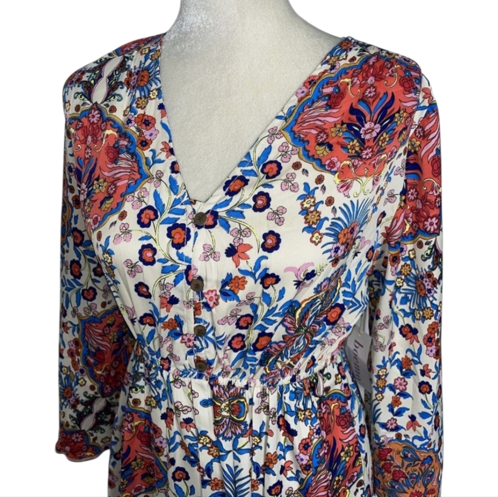 Large Boemo Anthropologie 3/4 Sleeve Tiered A Line Maxi Dress Floral Peasant y2k - Picture 5 of 7